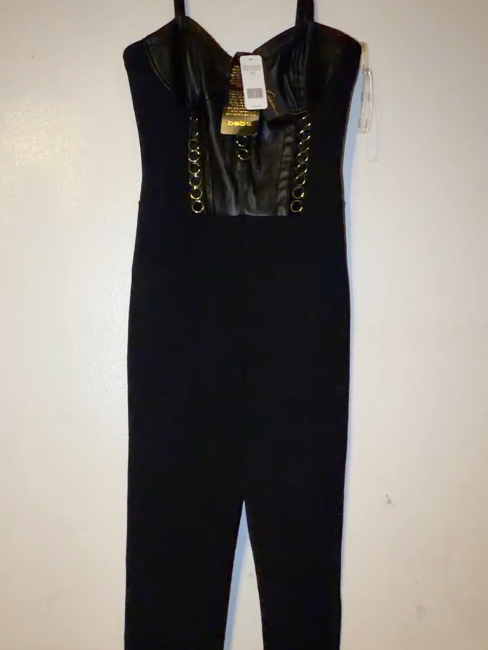 bebe Black Strapless Faux-Leather Bodice Jumpsuit with Gold Rings